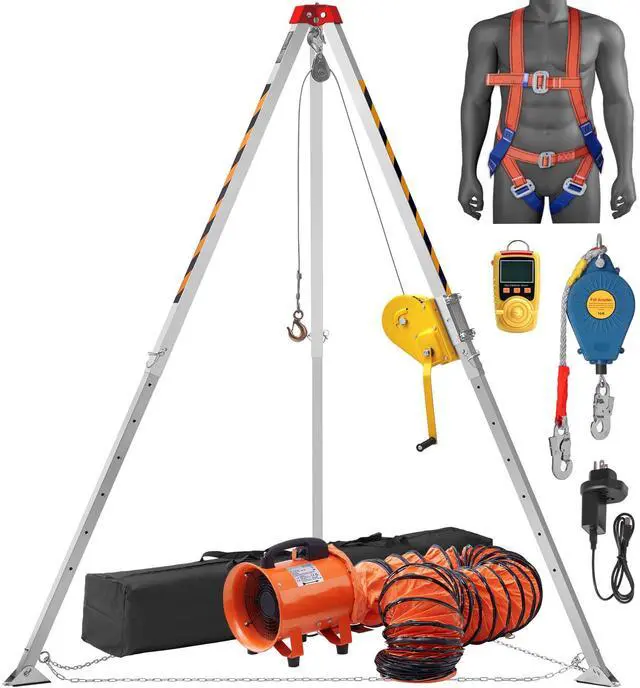 Alt view image 2 of 8 - VEVOR 2600 lbs Winch Confined Space Tripod Kit, Confined Space Tripod 8' Legs and 98' Cable, Confined Space Rescue Tripod 33' Fall Protection with Blower, Gas detector, Harness.
