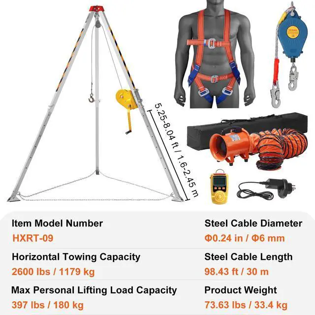 Alt view image 8 of 8 - VEVOR 2600 lbs Winch Confined Space Tripod Kit, Confined Space Tripod 8' Legs and 98' Cable, Confined Space Rescue Tripod 33' Fall Protection with Blower, Gas detector, Harness.