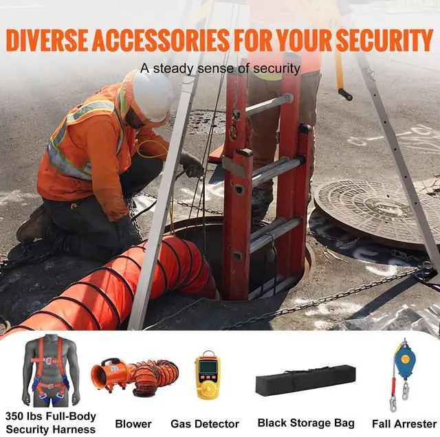 Alt view image 6 of 8 - VEVOR 2600 lbs Winch Confined Space Tripod Kit, Confined Space Tripod 8' Legs and 98' Cable, Confined Space Rescue Tripod 33' Fall Protection with Blower, Gas detector, Harness.