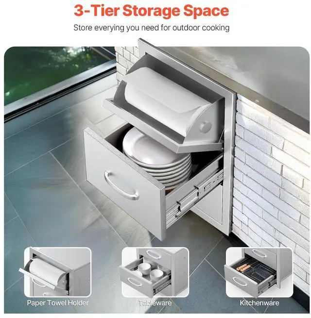 Alt view image 4 of 8 - VEVOR Outdoor Kitchen Drawers, 16.5"W x 29"H x 20.5"D Triple Access Drawers, Stainless Steel Flush Mount Cabinets, BBQ Island Drawers Storage with Paper Towel Holder & Handle, for Patio Grill Station