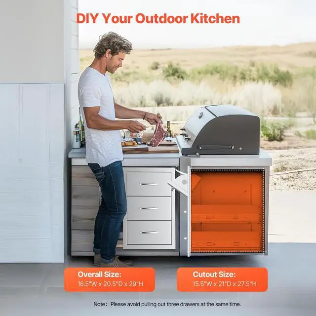 Alt view image 3 of 8 - VEVOR Outdoor Kitchen Drawers, 16.5"W x 29"H x 20.5"D Triple Access Drawers, Stainless Steel Flush Mount Cabinets, BBQ Island Drawers Storage with Paper Towel Holder & Handle, for Patio Grill Station