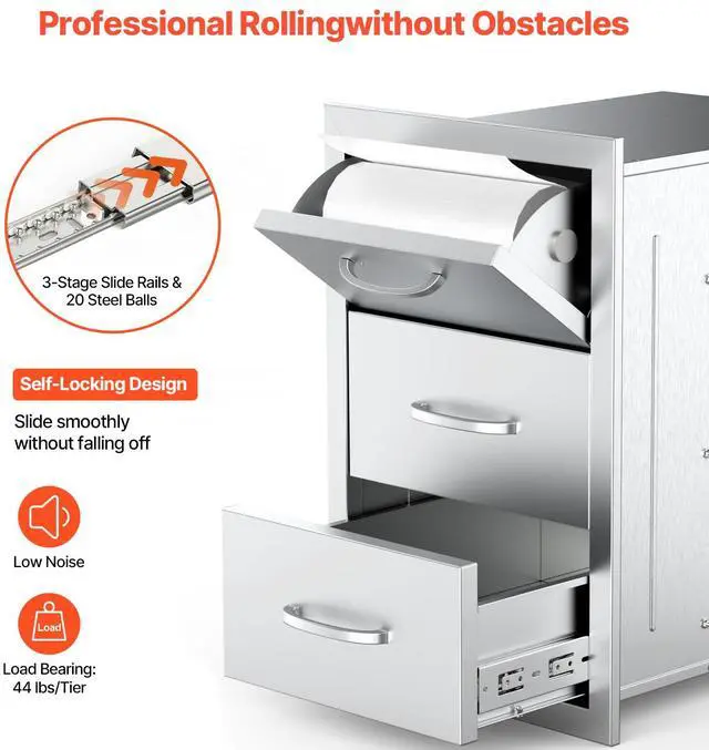 Alt view image 6 of 8 - VEVOR Outdoor Kitchen Drawers, 16.5"W x 29"H x 20.5"D Triple Access Drawers, Stainless Steel Flush Mount Cabinets, BBQ Island Drawers Storage with Paper Towel Holder & Handle, for Patio Grill Station