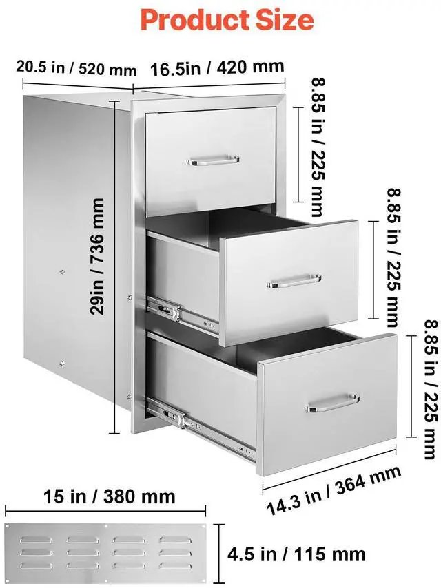 Alt view image 8 of 8 - VEVOR Outdoor Kitchen Drawers, 16.5"W x 29"H x 20.5"D Triple Access Drawers, Stainless Steel Flush Mount Cabinets, BBQ Island Drawers Storage with Paper Towel Holder & Handle, for Patio Grill Station