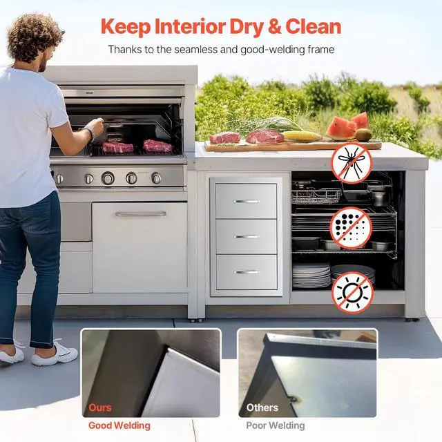 Alt view image 7 of 8 - VEVOR Outdoor Kitchen Drawers, 16.5"W x 29"H x 20.5"D Triple Access Drawers, Stainless Steel Flush Mount Cabinets, BBQ Island Drawers Storage with Paper Towel Holder & Handle, for Patio Grill Station