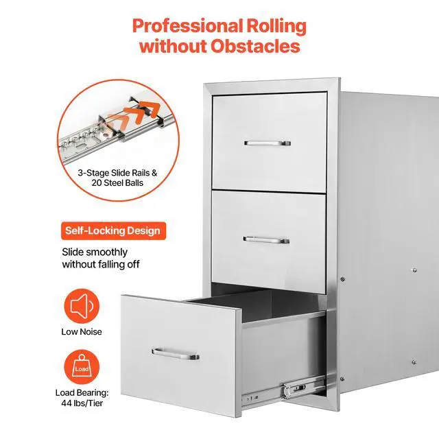 Alt view image 6 of 8 - VEVOR Outdoor Kitchen Drawers, 18.5"W x 22.5"H x 22.5"D Triple Access Drawers, Stainless Steel Flush Mount Cabinets, BBQ Island Drawers Storage with Handle, for Outdoor Kitchens or Patio Grill Station