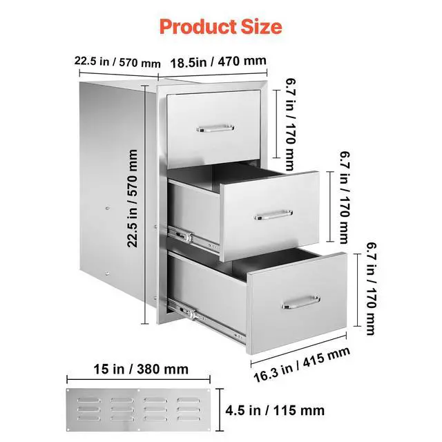 Alt view image 8 of 8 - VEVOR Outdoor Kitchen Drawers, 18.5"W x 22.5"H x 22.5"D Triple Access Drawers, Stainless Steel Flush Mount Cabinets, BBQ Island Drawers Storage with Handle, for Outdoor Kitchens or Patio Grill Station