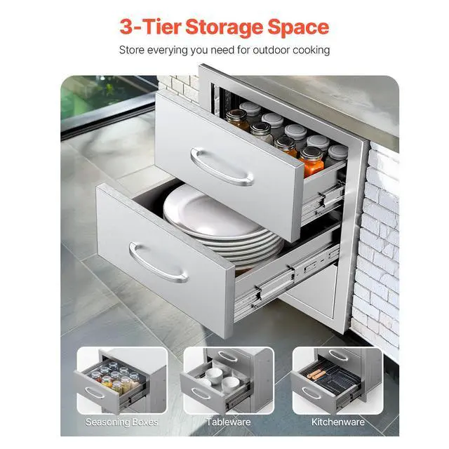 Alt view image 4 of 8 - VEVOR Outdoor Kitchen Drawers, 18.5"W x 22.5"H x 22.5"D Triple Access Drawers, Stainless Steel Flush Mount Cabinets, BBQ Island Drawers Storage with Handle, for Outdoor Kitchens or Patio Grill Station