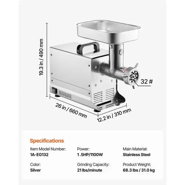 Alt view image 14 of 14 - VEVOR Commercial Electric Meat Grinder 21 Lbs/Min Sausage Stuffer Maker Kitchen