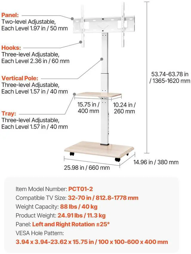 Alt view image 14 of 14 - VEVOR Rolling TV Stand, Mobile TV Cart for 32-70 Inch Screens, 25° Left-Right Rotation and Height Adjustable TV Mount with Tray, Holds up to 88 lbs for Corner, Bedroom, Outdoor, Max VESA 600x400mm