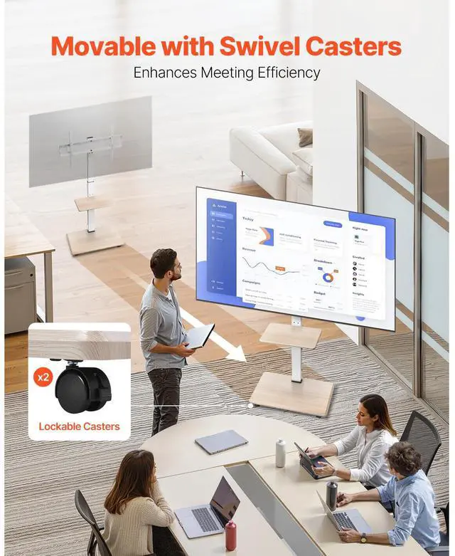 Alt view image 10 of 14 - VEVOR Rolling TV Stand, Mobile TV Cart for 32-70 Inch Screens, 25° Left-Right Rotation and Height Adjustable TV Mount with Tray, Holds up to 88 lbs for Corner, Bedroom, Outdoor, Max VESA 600x400mm