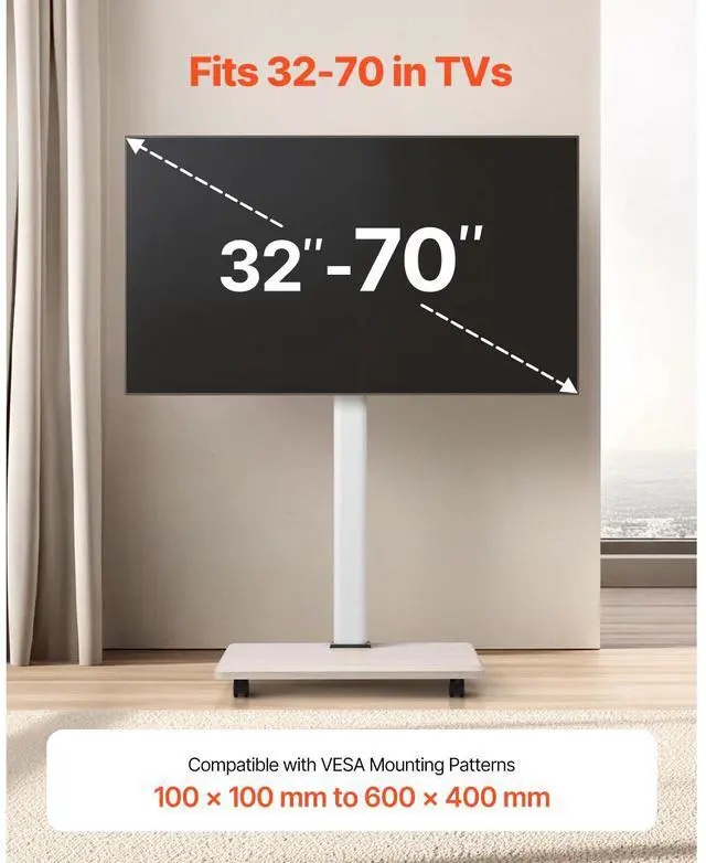 Alt view image 9 of 14 - VEVOR Rolling TV Stand, Mobile TV Cart for 32-70 Inch Screens, 25° Left-Right Rotation and Height Adjustable TV Mount on Wheels, Holds up to 99 lbs for Corner, Bedroom, Outdoor, Max VESA 600x400mm