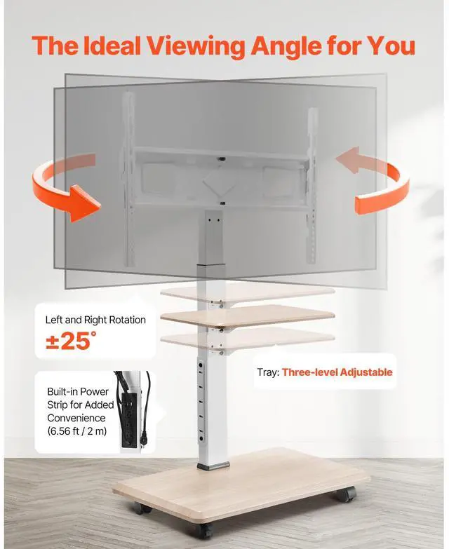 Alt view image 12 of 14 - VEVOR Rolling TV Stand, Mobile TV Cart for 32-70 Inch Screens, 25° Left-Right Rotation and Height Adjustable TV Mount with Tray, Holds up to 88 lbs for Corner, Bedroom, Outdoor, Max VESA 600x400mm