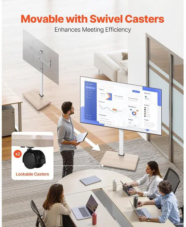 Alt view image 10 of 14 - VEVOR Rolling TV Stand, Mobile TV Cart for 32-70 Inch Screens, 25° Left-Right Rotation and Height Adjustable TV Mount on Wheels, Holds up to 99 lbs for Corner, Bedroom, Outdoor, Max VESA 600x400mm