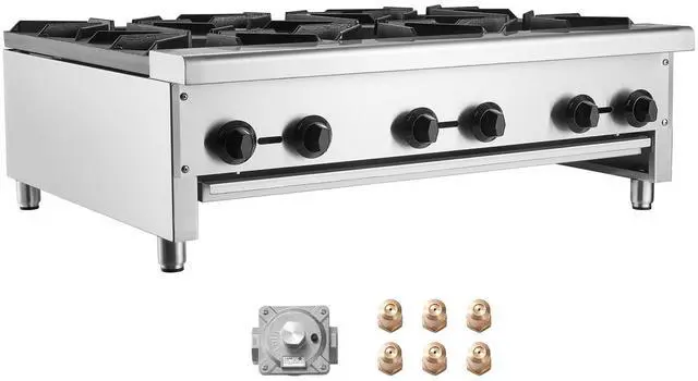 Main image of Commercial Gas Stove with 6 Burners, Propane and Natural Gas Countertop Cooking Stove Range, Stainless Steel Gas Hot Plate, Commercial Cooking Equipment for Restaurant, 168,000 BTU