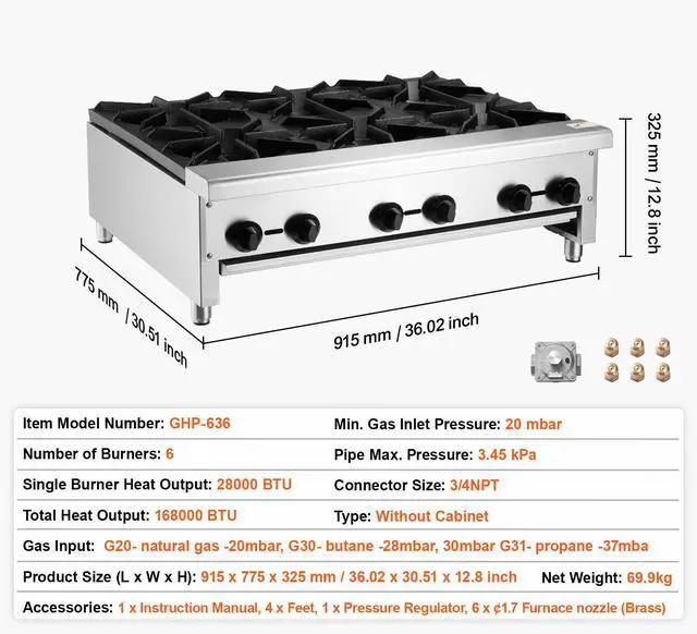 Alt view image 7 of 7 - Commercial Gas Stove with 6 Burners, Propane and Natural Gas Countertop Cooking Stove Range, Stainless Steel Gas Hot Plate, Commercial Cooking Equipment for Restaurant, 168,000 BTU