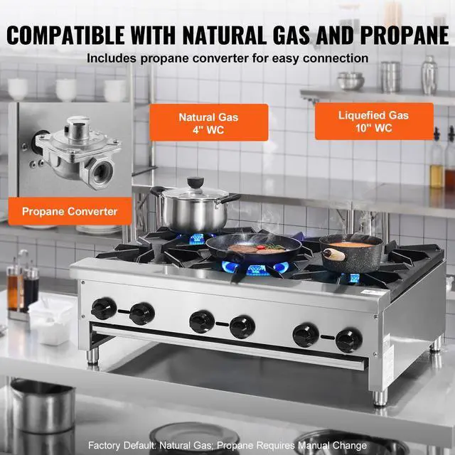 Alt view image 3 of 7 - Commercial Gas Stove with 6 Burners, Propane and Natural Gas Countertop Cooking Stove Range, Stainless Steel Gas Hot Plate, Commercial Cooking Equipment for Restaurant, 168,000 BTU