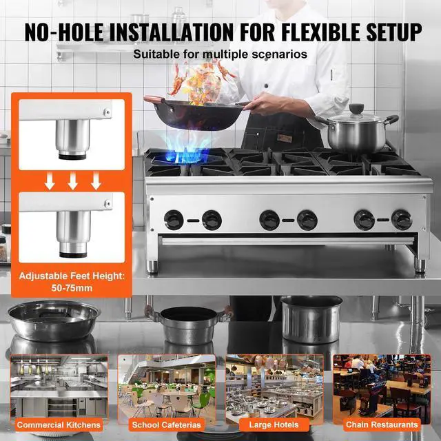 Alt view image 6 of 7 - Commercial Gas Stove with 6 Burners, Propane and Natural Gas Countertop Cooking Stove Range, Stainless Steel Gas Hot Plate, Commercial Cooking Equipment for Restaurant, 168,000 BTU