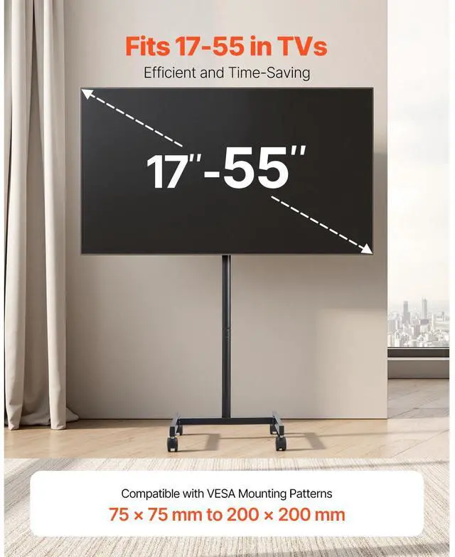 Alt view image 9 of 14 - VEVOR Rolling TV Stand, Mobile TV Cart for 17-55 Inch Screens, Portrait to Landscape, Portable TV Stand with Wheels Holds up to 44 lbs for Living Room, Bedroom, Office, Outdoor, Max VESA 200x200mm