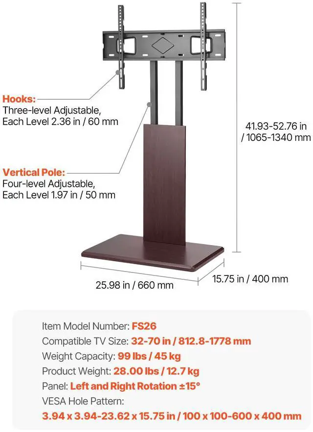 Alt view image 14 of 14 - VEVOR Universal TV Stand, Table Top TV Stand for 32-70 inch Screens, Swivel and Height Adjustable TV Mount Stand Holds up to 99 lbs with Power Strip, for Living Room, Bedroom, MAX VESA 600 x 400 mm