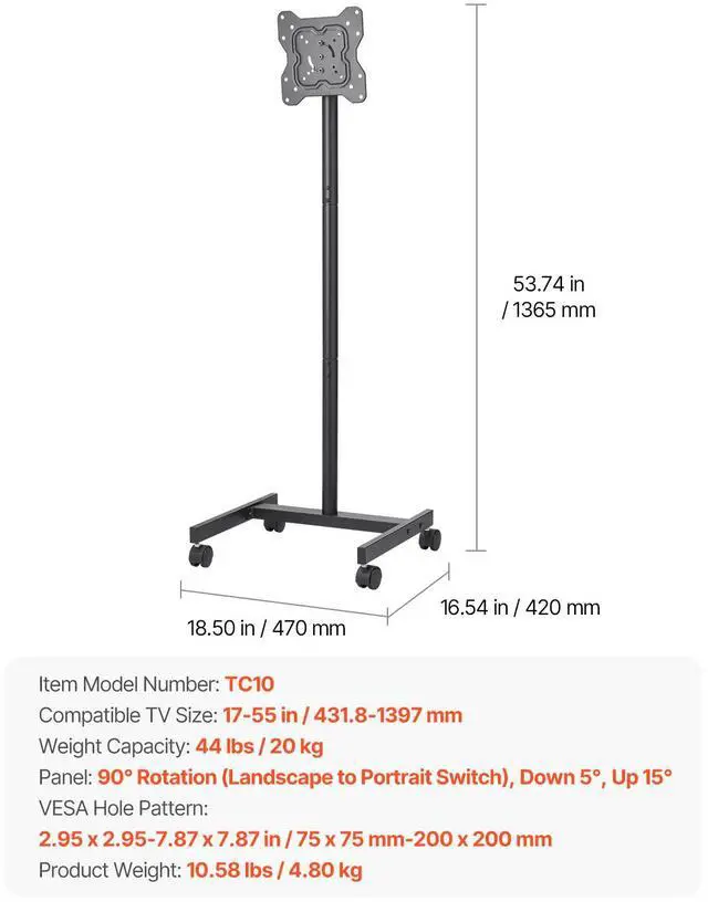 Alt view image 14 of 14 - VEVOR Rolling TV Stand, Mobile TV Cart for 17-55 Inch Screens, Portrait to Landscape, Portable TV Stand with Wheels Holds up to 44 lbs for Living Room, Bedroom, Office, Outdoor, Max VESA 200x200mm