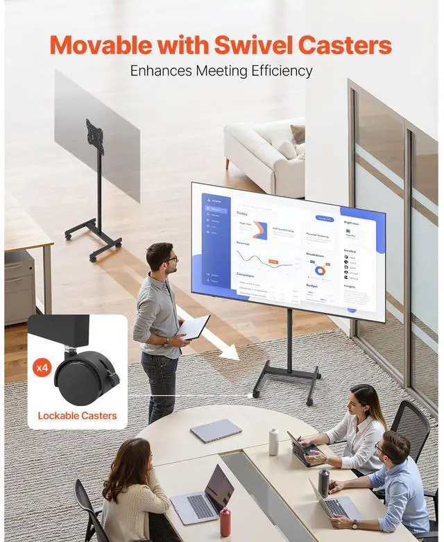 Alt view image 10 of 14 - VEVOR Rolling TV Stand, Mobile TV Cart for 17-55 Inch Screens, Portrait to Landscape, Portable TV Stand with Wheels Holds up to 44 lbs for Living Room, Bedroom, Office, Outdoor, Max VESA 200x200mm