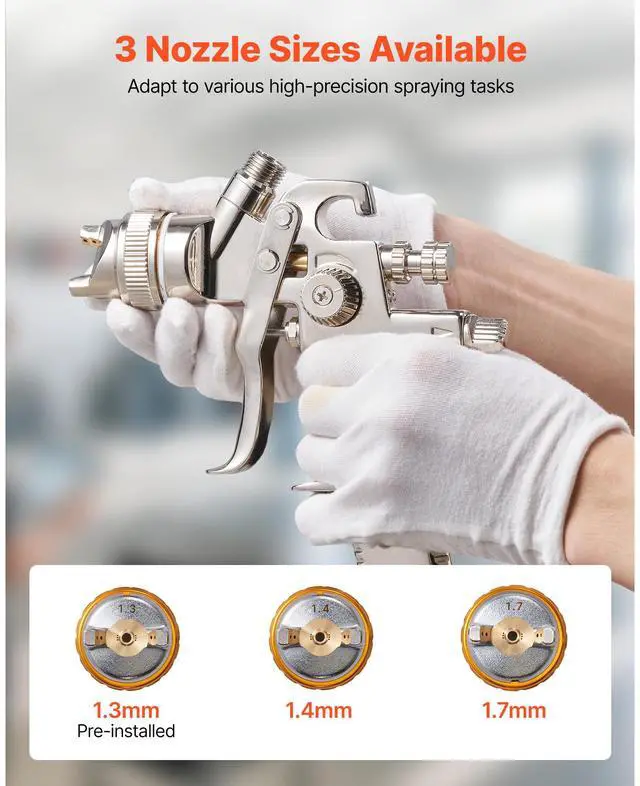 Alt view image 4 of 8 - VEVOR LVLP Air Spray Gun, Gravity Feed Paint Sprayer Gun with 3 Nozzles (1.3/1.4/1.7mm), 600ml Capacity Automotive Paint Sprayer with Air Regulator for Furniture, Car Painting, Home Improvement