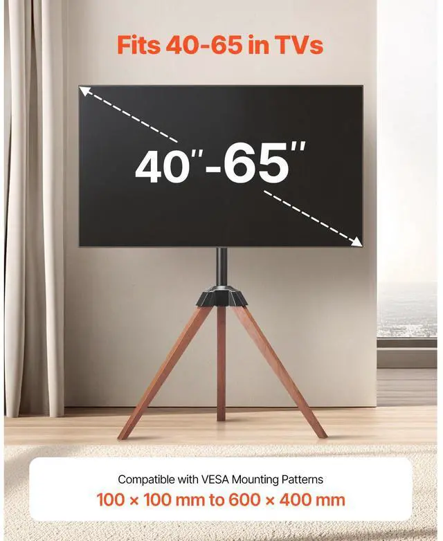Alt view image 4 of 9 - VEVOR Tripod Easel TV Stand, for 40-65 inch Flat Screen/Curved TVs Up to 99 lbs, 18° Left-Right Rotation Portable TV Stand with Oak Wood Legs, for Bedroom, Living Room, Studio, MAX VESA 600 x 400 mm