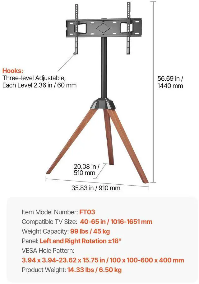 Alt view image 9 of 9 - VEVOR Tripod Easel TV Stand, for 40-65 inch Flat Screen/Curved TVs Up to 99 lbs, 18° Left-Right Rotation Portable TV Stand with Oak Wood Legs, for Bedroom, Living Room, Studio, MAX VESA 600 x 400 mm