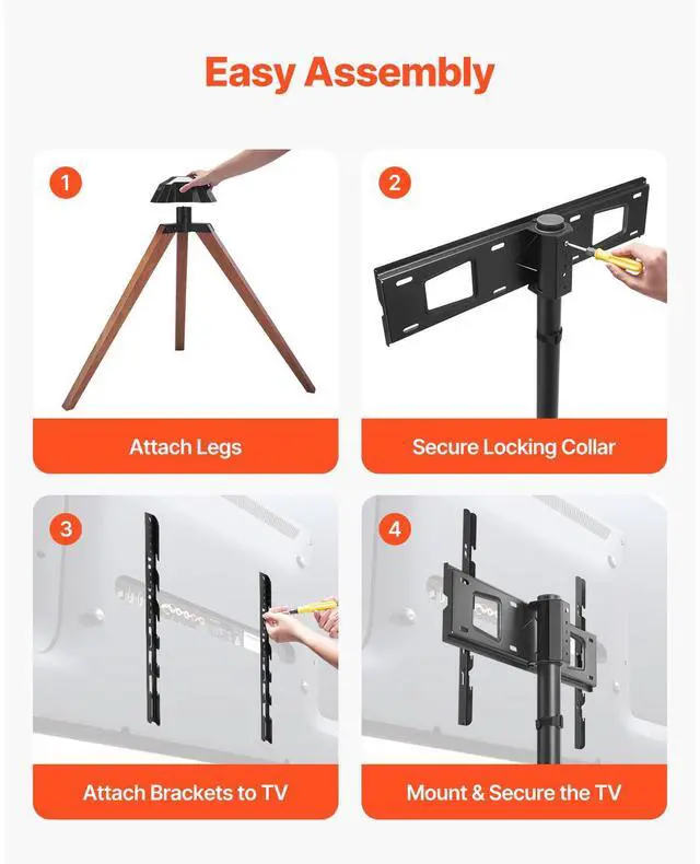 Alt view image 7 of 9 - VEVOR Tripod Easel TV Stand, for 40-65 inch Flat Screen/Curved TVs Up to 99 lbs, 18° Left-Right Rotation Portable TV Stand with Oak Wood Legs, for Bedroom, Living Room, Studio, MAX VESA 600 x 400 mm