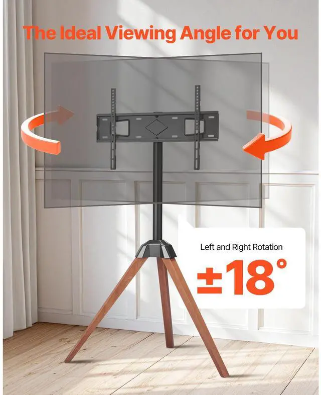 Alt view image 6 of 9 - VEVOR Tripod Easel TV Stand, for 40-65 inch Flat Screen/Curved TVs Up to 99 lbs, 18° Left-Right Rotation Portable TV Stand with Oak Wood Legs, for Bedroom, Living Room, Studio, MAX VESA 600 x 400 mm