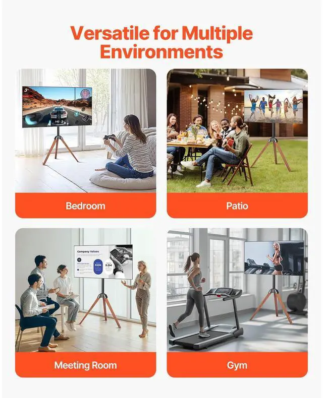 Alt view image 8 of 9 - VEVOR Tripod Easel TV Stand, for 40-65 inch Flat Screen/Curved TVs Up to 99 lbs, 18° Left-Right Rotation Portable TV Stand with Oak Wood Legs, for Bedroom, Living Room, Studio, MAX VESA 600 x 400 mm