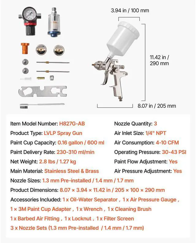 Alt view image 8 of 8 - VEVOR LVLP Air Spray Gun, Gravity Feed Paint Sprayer Gun with 3 Nozzles (1.3/1.4/1.7mm), 600ml Capacity Automotive Paint Sprayer with Air Regulator for Furniture, Car Painting, Home Improvement