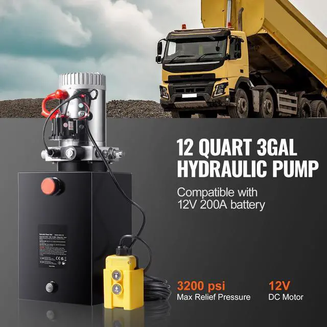 Alt view image 9 of 14 - VEVOR Hydraulic Pump, 12 Quart Hydraulic Power Unit, Single Acting Dump Trailer Pump, 0.91 GPM Flow Rate, 3200 PSI Max Relief Pressure, DC 12V Hydraulic Pump for Dump Trailer Car Lifting