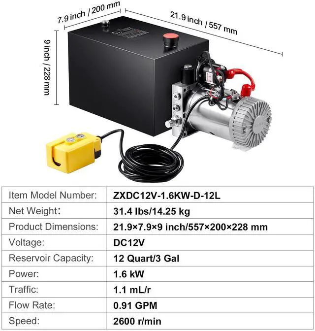 Alt view image 14 of 14 - VEVOR Hydraulic Pump, 12 Quart Hydraulic Power Unit, Single Acting Dump Trailer Pump, 0.91 GPM Flow Rate, 3200 PSI Max Relief Pressure, DC 12V Hydraulic Pump for Dump Trailer Car Lifting