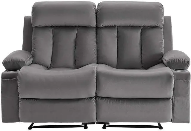 Alt view image 2 of 8 - VEVOR Loveseat Recliner Sofa, Power Reclining Couch with Heating and Massage, Soft Velvet Electric Recliner Sofa with USB Ports, Cup Holders and Side Bags, Dual Loveseat Chair for Living Room, Grey