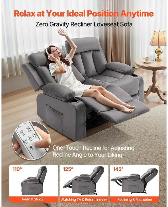 Alt view image 3 of 8 - VEVOR Loveseat Recliner Sofa, Power Reclining Couch with Heating and Massage, Soft Velvet Electric Recliner Sofa with USB Ports, Cup Holders and Side Bags, Dual Loveseat Chair for Living Room, Grey