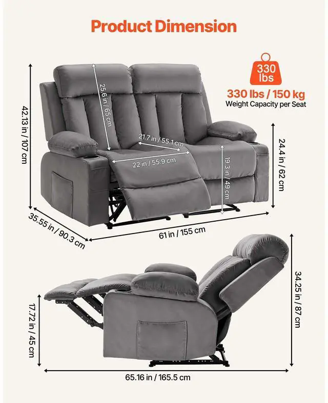 Alt view image 4 of 8 - VEVOR Loveseat Recliner Sofa, Power Reclining Couch with Heating and Massage, Soft Velvet Electric Recliner Sofa with USB Ports, Cup Holders and Side Bags, Dual Loveseat Chair for Living Room, Grey