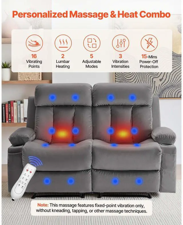 Alt view image 5 of 8 - VEVOR Loveseat Recliner Sofa, Power Reclining Couch with Heating and Massage, Soft Velvet Electric Recliner Sofa with USB Ports, Cup Holders and Side Bags, Dual Loveseat Chair for Living Room, Grey