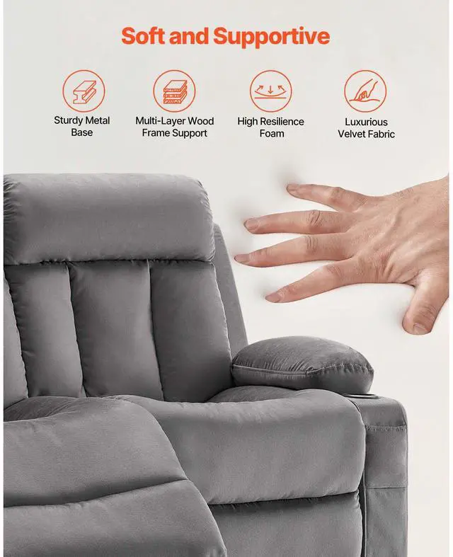 Alt view image 6 of 8 - VEVOR Loveseat Recliner Sofa, Power Reclining Couch with Heating and Massage, Soft Velvet Electric Recliner Sofa with USB Ports, Cup Holders and Side Bags, Dual Loveseat Chair for Living Room, Grey
