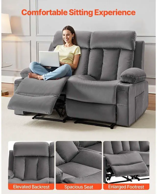 Alt view image 7 of 8 - VEVOR Loveseat Recliner Sofa, Power Reclining Couch with Heating and Massage, Soft Velvet Electric Recliner Sofa with USB Ports, Cup Holders and Side Bags, Dual Loveseat Chair for Living Room, Grey