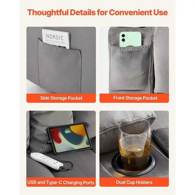 Alt view image 8 of 8 - VEVOR Loveseat Recliner Sofa, Power Reclining Couch with Heating and Massage, Soft Velvet Electric Recliner Sofa with USB Ports, Cup Holders and Side Bags, Dual Loveseat Chair for Living Room, Grey