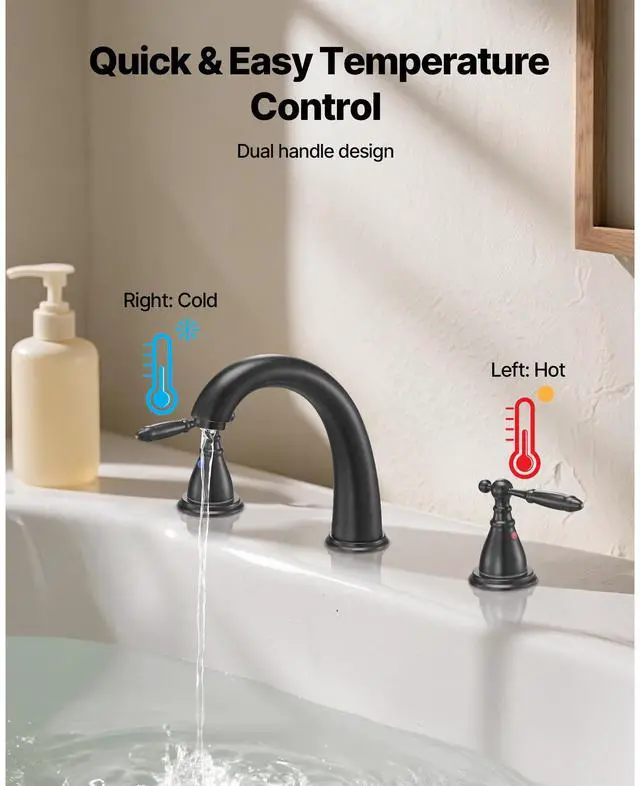 Alt view image 7 of 8 - VEVOR Roman Tub Faucet, 3 Hole Waterfall Bathtub Faucet, Gooseneck Bath Tubs Faucets Set with 2 Handles, Roman Tub Faucets Deck Mount for Pet Washing, Adult Bathing, Bronze, Temperature Control