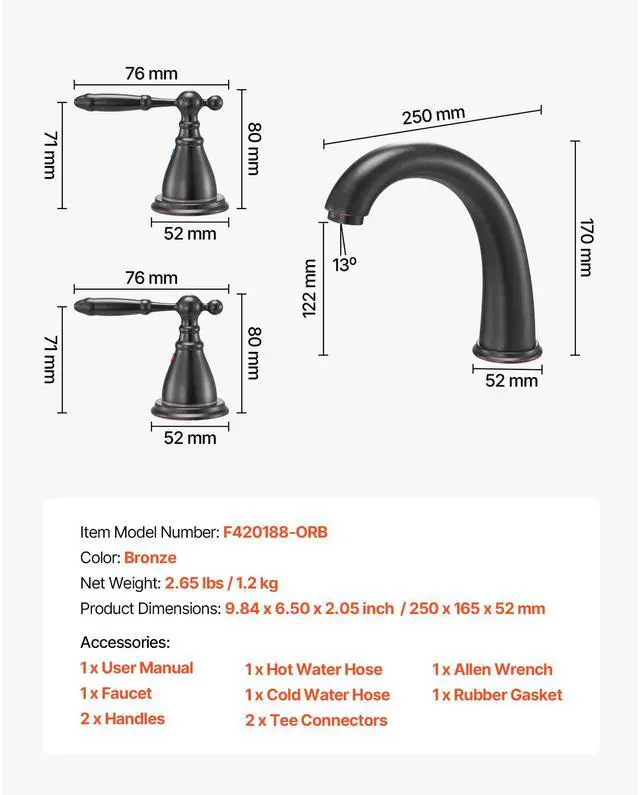 Alt view image 8 of 8 - VEVOR Roman Tub Faucet, 3 Hole Waterfall Bathtub Faucet, Gooseneck Bath Tubs Faucets Set with 2 Handles, Roman Tub Faucets Deck Mount for Pet Washing, Adult Bathing, Bronze, Temperature Control