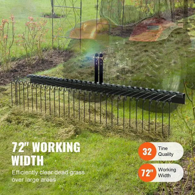 Alt view image 9 of 14 - VEVOR  Tow Behind Landscape Rake, 72" Tow Dethatcher with 32 Steel Tines, Lawn Dethatcher Rake Attaches to Category 1, 3 Point Hitch for Tractor, for Leaves, Pine Needles, Straw, and Grass