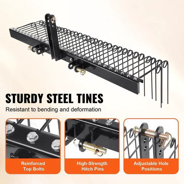 Alt view image 10 of 14 - VEVOR  Tow Behind Landscape Rake, 72" Tow Dethatcher with 32 Steel Tines, Lawn Dethatcher Rake Attaches to Category 1, 3 Point Hitch for Tractor, for Leaves, Pine Needles, Straw, and Grass