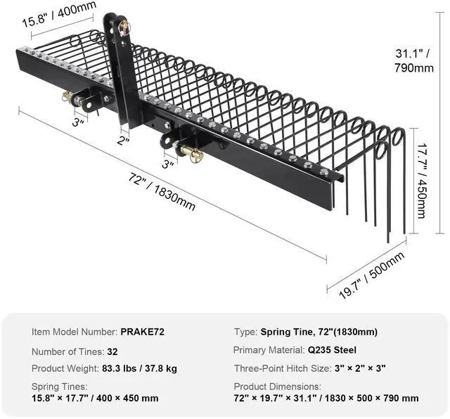Alt view image 14 of 14 - VEVOR  Tow Behind Landscape Rake, 72" Tow Dethatcher with 32 Steel Tines, Lawn Dethatcher Rake Attaches to Category 1, 3 Point Hitch for Tractor, for Leaves, Pine Needles, Straw, and Grass