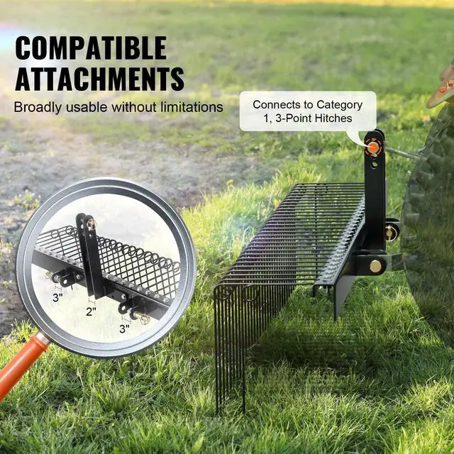 Alt view image 11 of 14 - VEVOR  Tow Behind Landscape Rake, 72" Tow Dethatcher with 32 Steel Tines, Lawn Dethatcher Rake Attaches to Category 1, 3 Point Hitch for Tractor, for Leaves, Pine Needles, Straw, and Grass