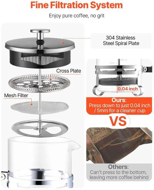 Alt view image 4 of 8 - French Press Coffee Maker 34 oz Borosilicate Glass Coffee Tea Press Silver