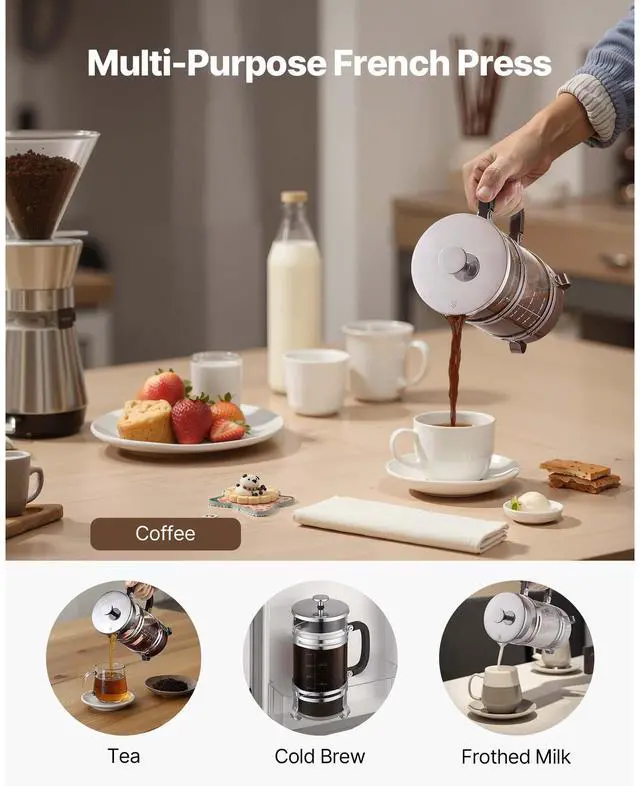 Alt view image 7 of 8 - French Press Coffee Maker 34 oz Borosilicate Glass Coffee Tea Press Silver