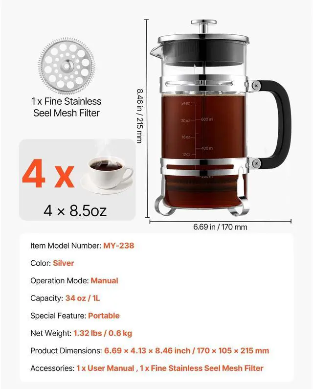 Alt view image 8 of 8 - French Press Coffee Maker 34 oz Borosilicate Glass Coffee Tea Press Silver
